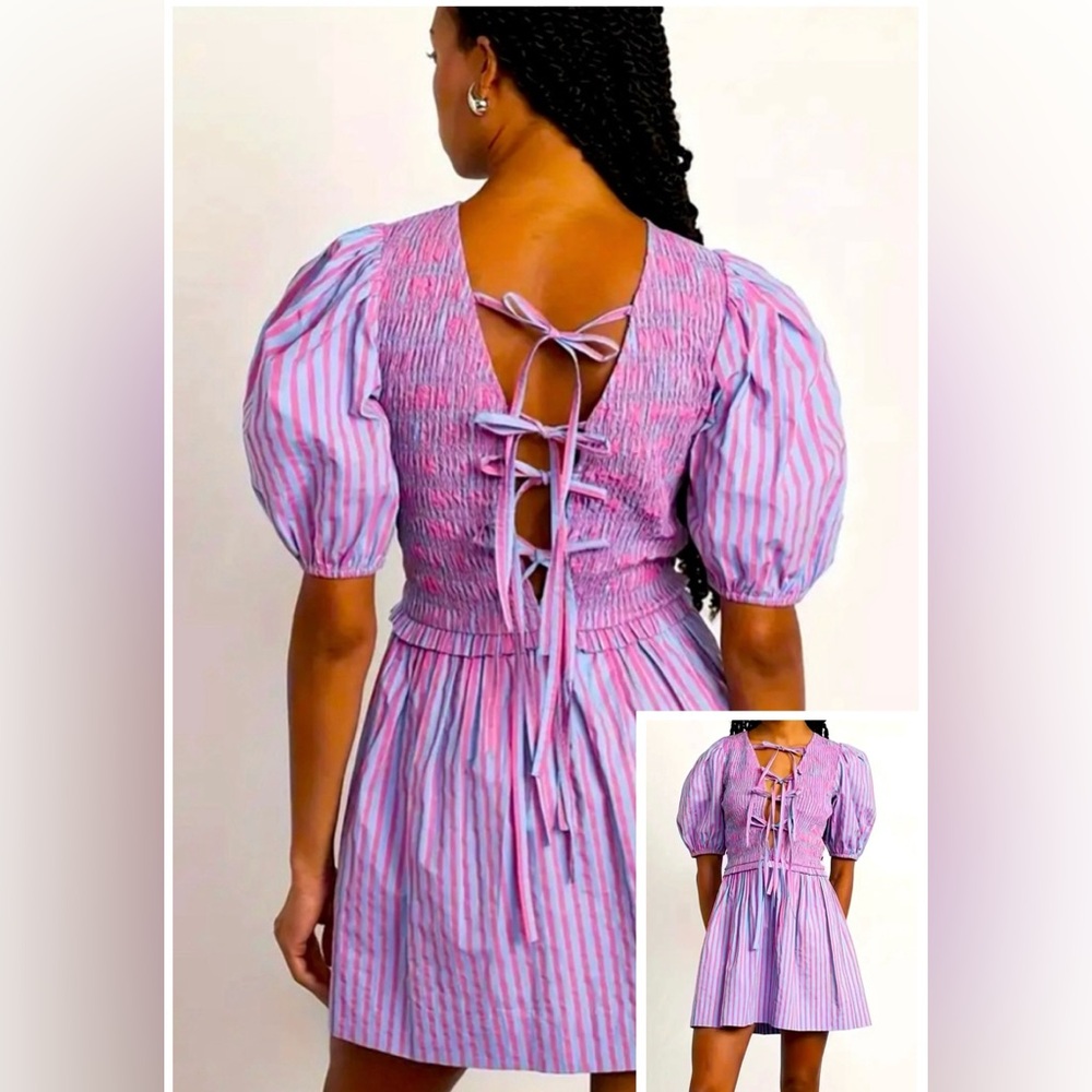 Purple Striped Puff Sleeve Tie Pleated Dress